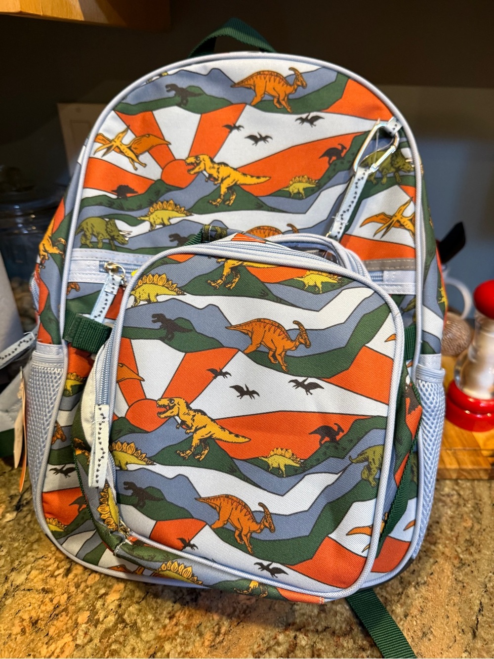 Kids Dinosaur Pattern 4 Piece Backpack Lunch box Pencil Pouch Bag Charm NEW
